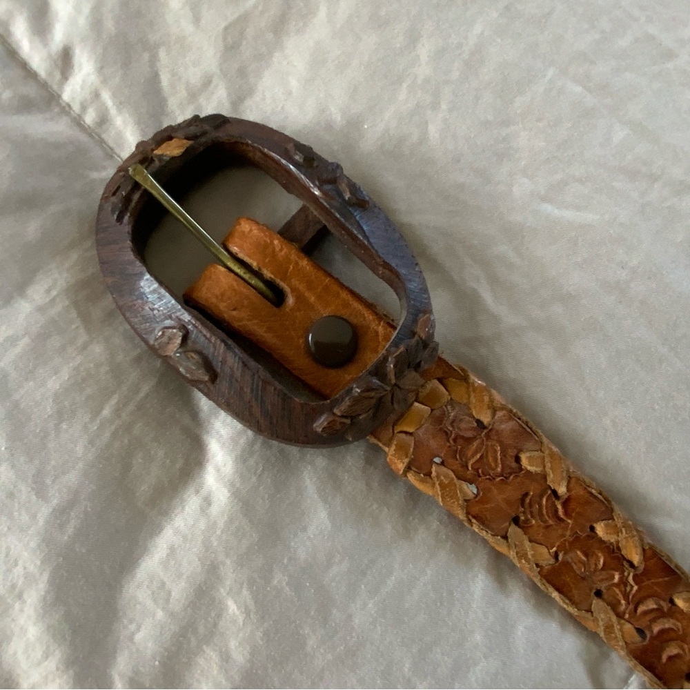 Vintage Mexican Leather Belt with Wood Buckle